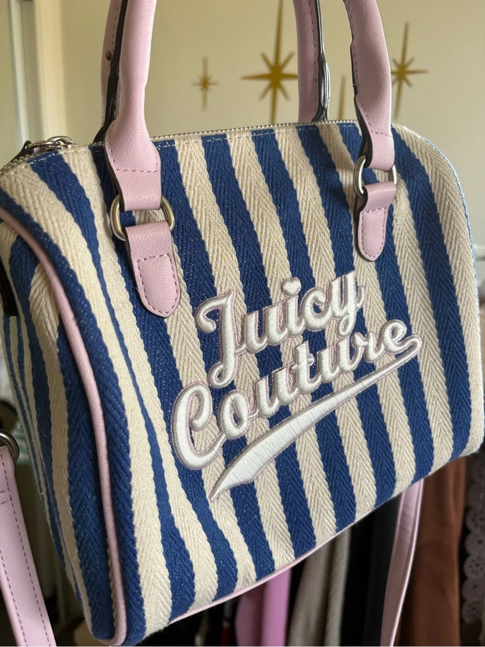 Juicy Couture Blue and Cream Striped Satchel with Pink Handles